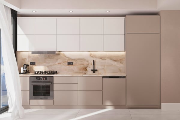 Minimalist kitchen with sleek cabinetry and marble accents, balancing form and function for a refined culinary experience.