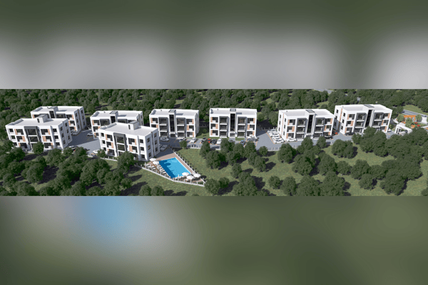 Architectural visualization of the master plan with a large central pool and symmetrical layout, showcasing thoughtful community design.