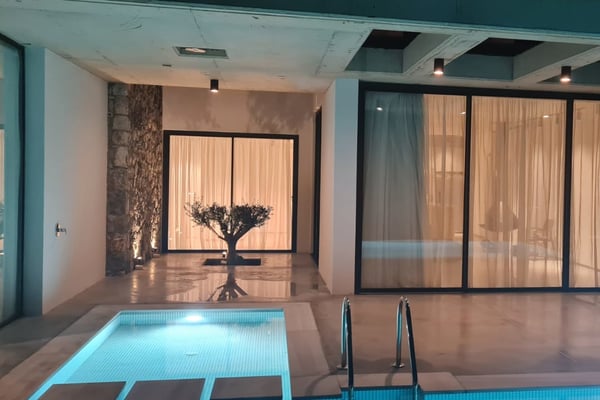 Evening View of a Villa with Pool - A nighttime view of a luxurious villa with warm indoor lighting reflecting off a small illuminated plunge pool, and an indoor tree adding a touch of nature.
