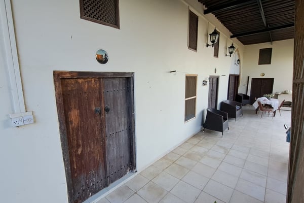 Sunlit Stone Courtyard with Flowering Plants – A charming courtyard with potted plants and stone flooring.