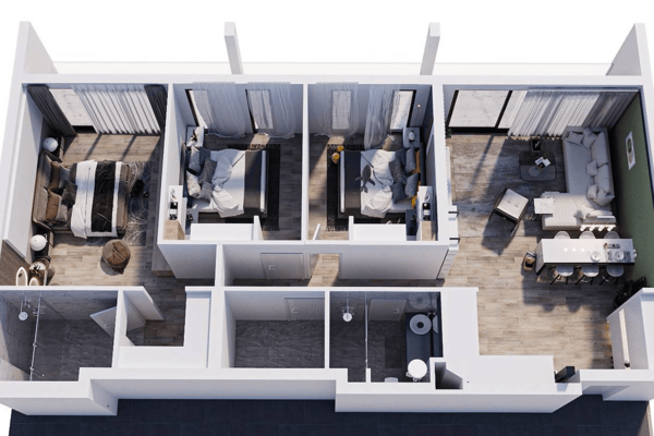 Bird’s-eye layout shows open living and kitchen flow, bedroom separation and smart circulation within the full footprint.