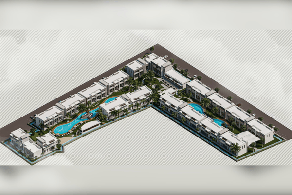 Aerial view with buildings arranged around green zones and pool, showcasing thoughtful spatial planning and design.