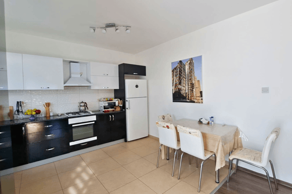 Open-plan kitchen and dining area with sleek cabinetry and stylish decor, designed for practical cooking and relaxed meals.