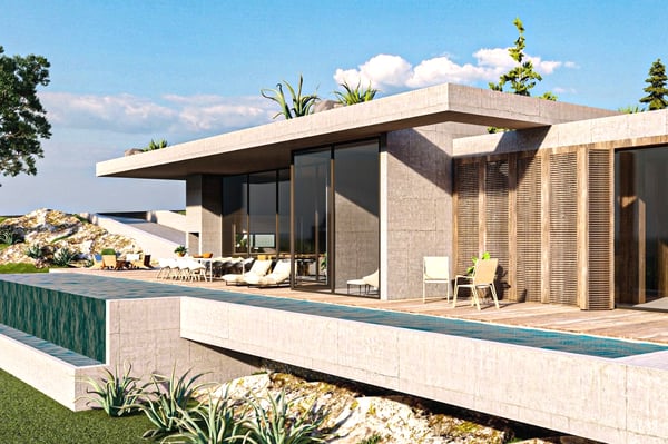 Contemporary Hillside Villa - A sleek, modern villa nestled in a scenic hillside location with an infinity pool, floor-to-ceiling windows, and a spacious outdoor seating area.