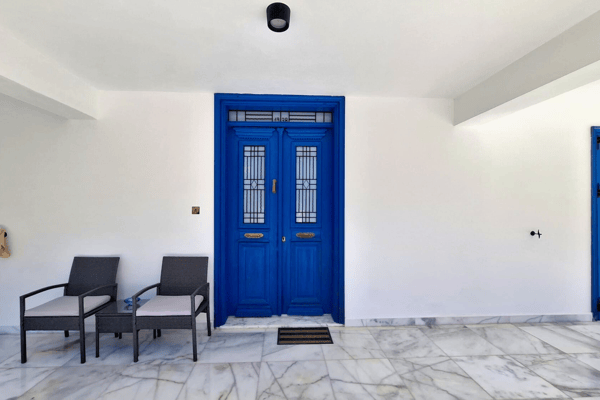 Entry hallway with distinctive deep blue double doors.