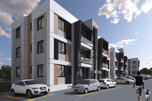 Street-level perspective along a clean, landscaped avenue bordered by sleek apartment buildings, reflecting a calm and well-planned neighborhood.
