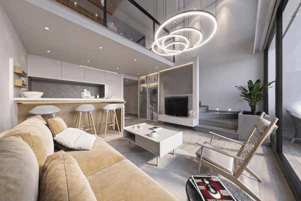Living room with neutral tones, LED ring lighting, and open layout designed for elegant modern daily living.