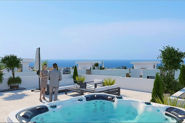 Modern villa rear elevation with glass doors, expansive pool, and panoramic sea views in serene hillside setting.
