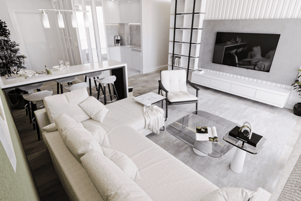 An L‑shaped sofa, metal divider and linear media wall shape a modern lounge filled with daylight and casual sophistication.