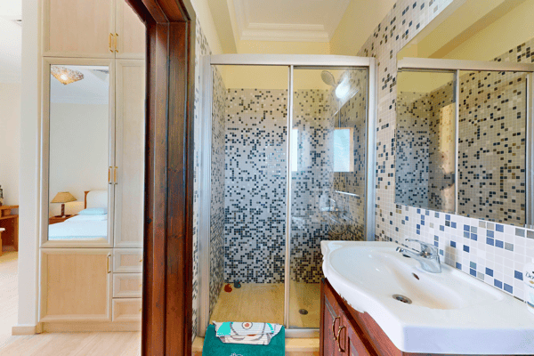 Bathroom with classic European tile-work and jacuzzi-style soaking tub.