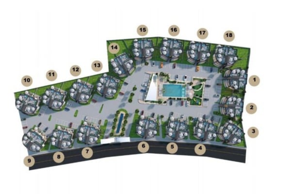 Site layout with landscaped grounds and communal areas, highlighting an organized and inviting residential environment.