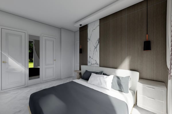Minimalist bedroom design with white linens, pendant lights, and large window for airy feel.