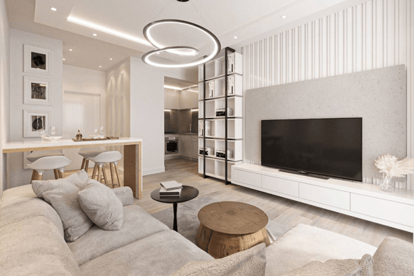 Experience the seamless flow of the open-plan apartment living space, showcasing the lounge area connection and consistent modern interior design.
