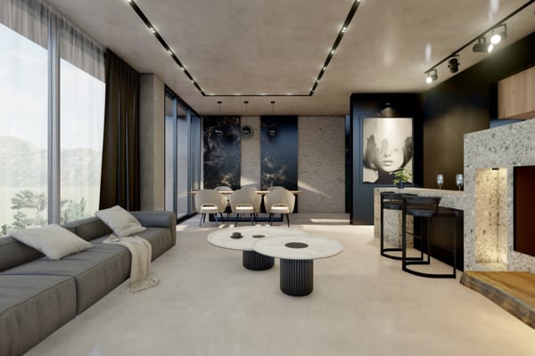 Indoor-outdoor living transition with floor-to-ceiling glass doors leading to a patio, seamlessly connecting nature and luxury.