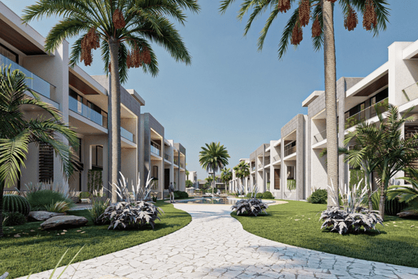Main central walkway dividing mirrored buildings and guiding the eye toward the core garden and leisure spaces.
