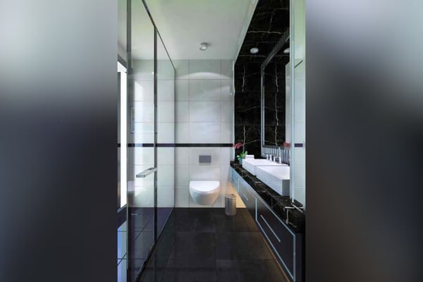 Modern hallway with floor-to-ceiling glass walls, a black and white color scheme, and glossy floors