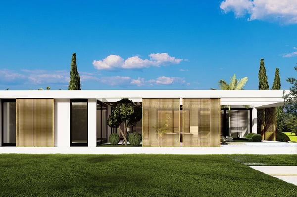 Lush Green Garden Surrounding a Villa - A luxurious white modern villa with wooden blinds, surrounded by a well-manicured green lawn and tall cypress trees.