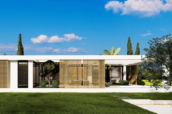 Minimalist White Villa with Wooden Accents - A stylish low-profile villa with a flat roof, wooden shutters, and expansive glass windows, set against a green lawn with trees and a blue sk