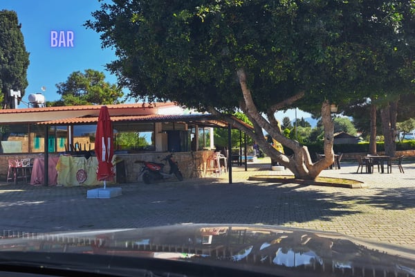 Community children's playground surrounded by palm trees and mountain views.