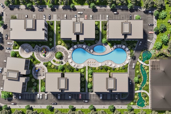 Bird’s-eye master plan view with outlined courtyard layout, pools, and lush walkways forming a cohesive resort space.