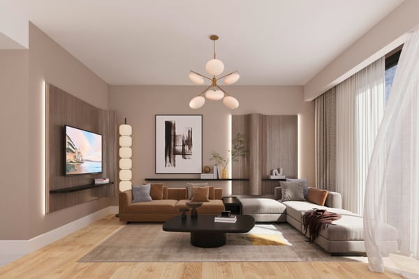 Contemporary lounge layout with accent lighting and a curated interior, ideal for elegant everyday living and gatherings.