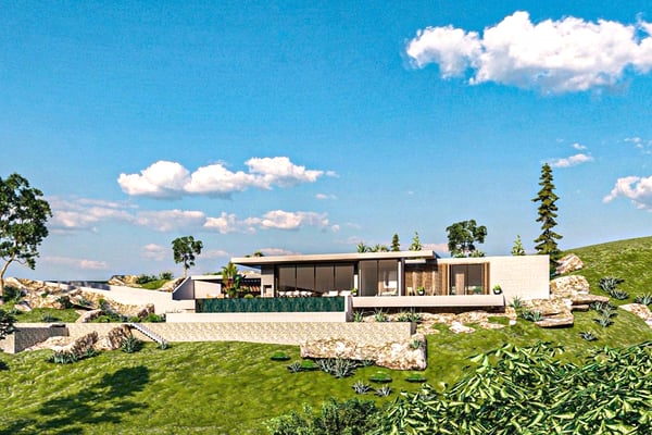 Modern Architectural Home in Nature - A contemporary home built into a natural landscape, blending with the rocky terrain and featuring a long infinity pool and a spacious wooden deck.