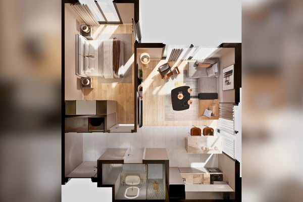 3D floor plan visualizes smart spatial arrangement of living, kitchen, and bath zones in an efficient resort-style studio.