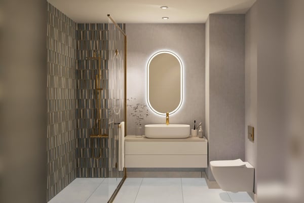 Elegant bathroom with premium finishes, wall-mounted vanity, and designer tile-work adds a spa-like touch to daily routines.