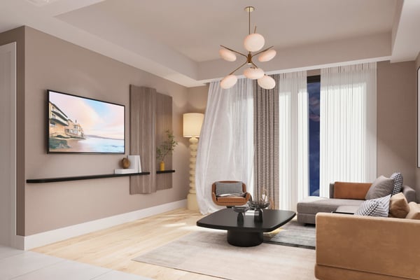 Open-plan lounge with sleek furnishings and large glass doors blending interior comfort with outdoor balcony access.
