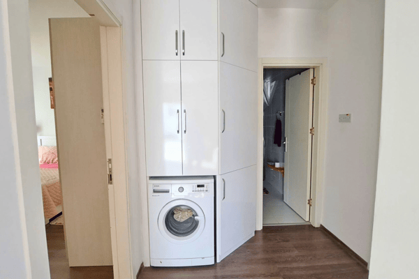 Utility niche with integrated laundry in bright corridor, combining storage efficiency with stylish design continuity.