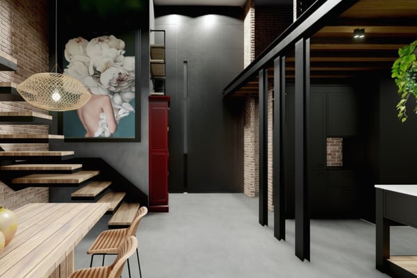 Spacious home entryway leading to the living area, with dark beams, a statement light fixture, and sleek console decor, blending elegance and minimalism.