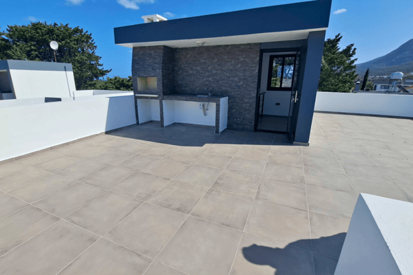 Wide rooftop patio with privacy walls and ample room for lounging.