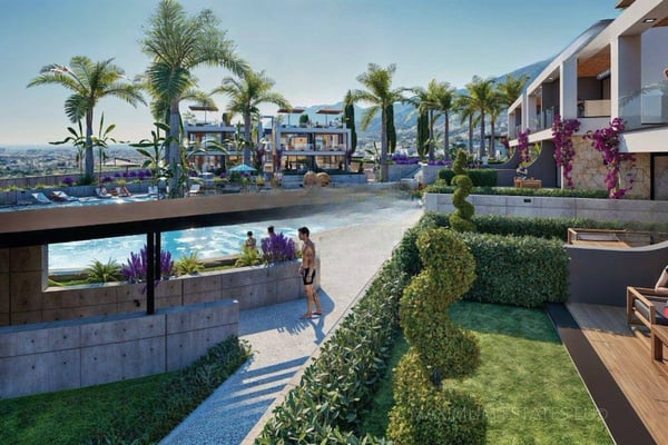 Sunlit poolside lounge with palm trees and modern chairs, evoking a resort-like feel in a private gated community.