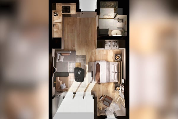 Overhead view of the apartment layout showing functional open spaces and smooth flow between living zones.