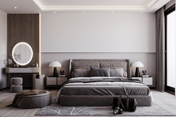 Moulded walls, sculptural lamps and an upholstered bench bring refined, boutique ambiance to the main bedroom retreat.