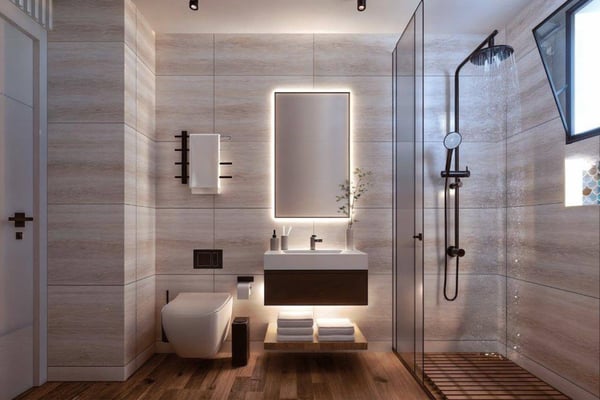 Elegant bathroom with spacious layout and premium tiling, blending luxury with functional modern design.