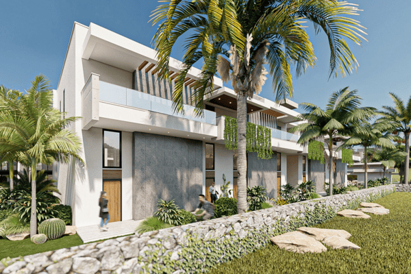 Ground-level view showcasing front facade, mature palm trees, and a neatly landscaped garden entryway.
