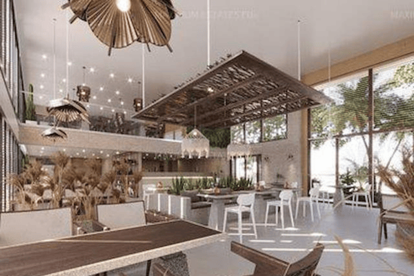 Interior restaurant scene with wood-accented ceilings, large glass openings, and a sophisticated modern aesthetic.