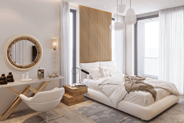 View revealing the modern apartment bathroom's layout, potentially showing the shower space, contemporary tiling scheme, and overall clean design.