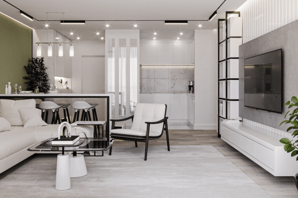 Open kitchen blends with dining zone through crisp cabinetry, soft lighting and terrace access, perfect for modern living.