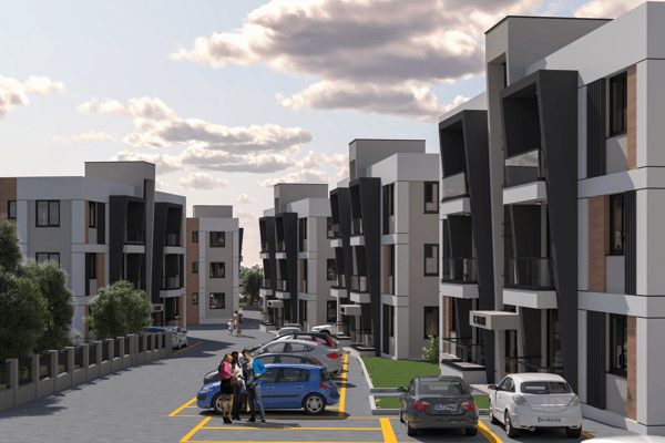 View of internal roads within the complex, showing accessible parking and harmonious integration of infrastructure and living spaces.