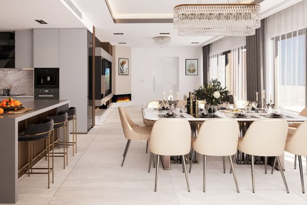Living room with panoramic window, plush sofa, and view of pool or garden beyond.