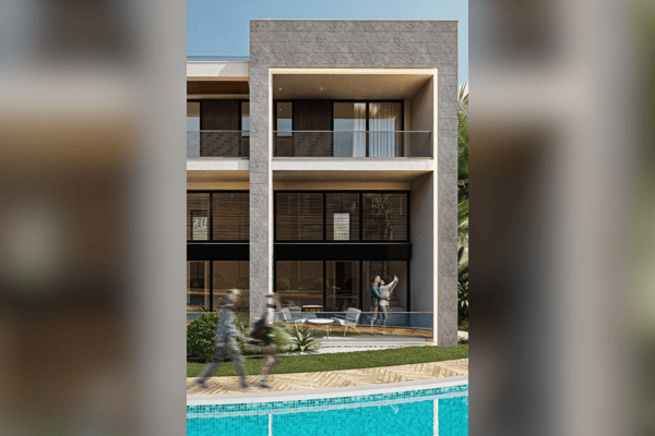 Frontal view revealing architectural consistency, with terraces opening directly onto water features and greenery.