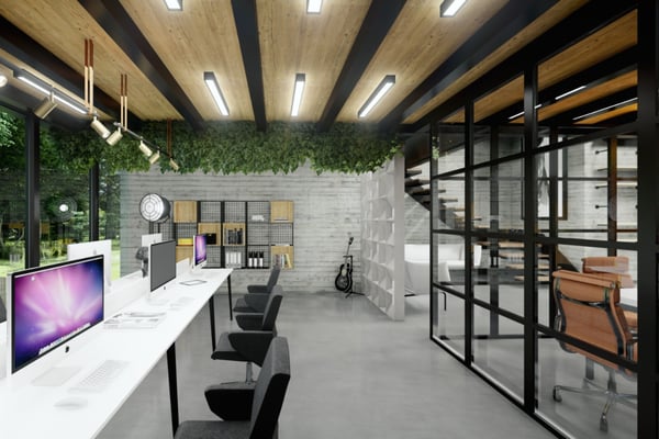 A well-lit dining area with a warm wood-and-gray palette, stylish cabinetry, and a sideboard, enhancing both function and aesthetics.
