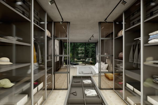 A bedroom with plush textiles, a statement headboard, and soft lighting, balancing comfort and contemporary elegance.