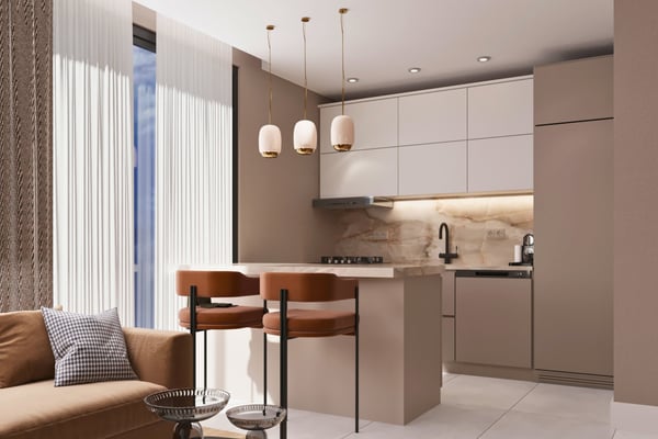 Minimalist kitchen featuring clean white cabinetry and an island layout designed for modern living and culinary ease.