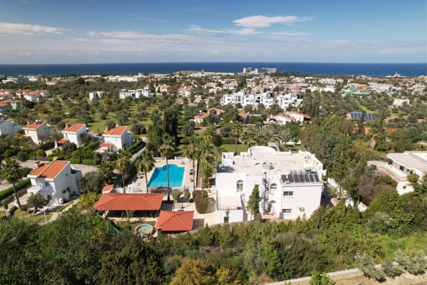 A turquoise swimming pool glistens under the Cyprus sun, framed by elegant white architecture and swaying palm trees.