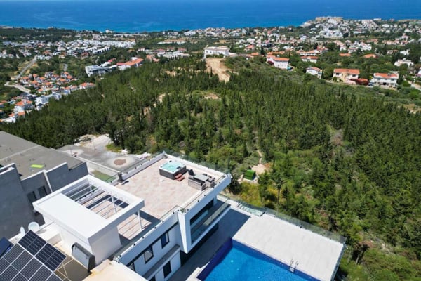 Overhead shot showcasing a flat-roofed modern villa with tranquil leisure areas, glass railings, and immersive green surroundings.