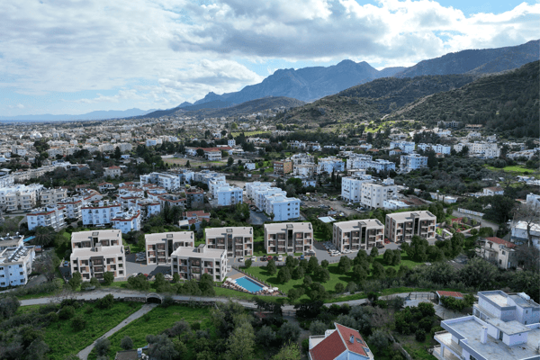 Aerial perspective with clear landscaping and architectural symmetry, depicting a well-organized and vibrant neighborhood.