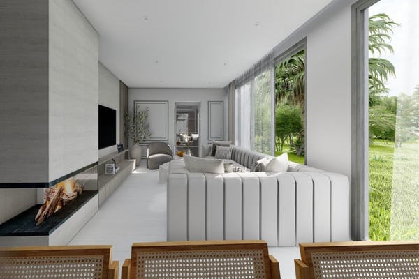 Bedroom with large glass door to balcony, minimalist furniture, and modern neutral palette.